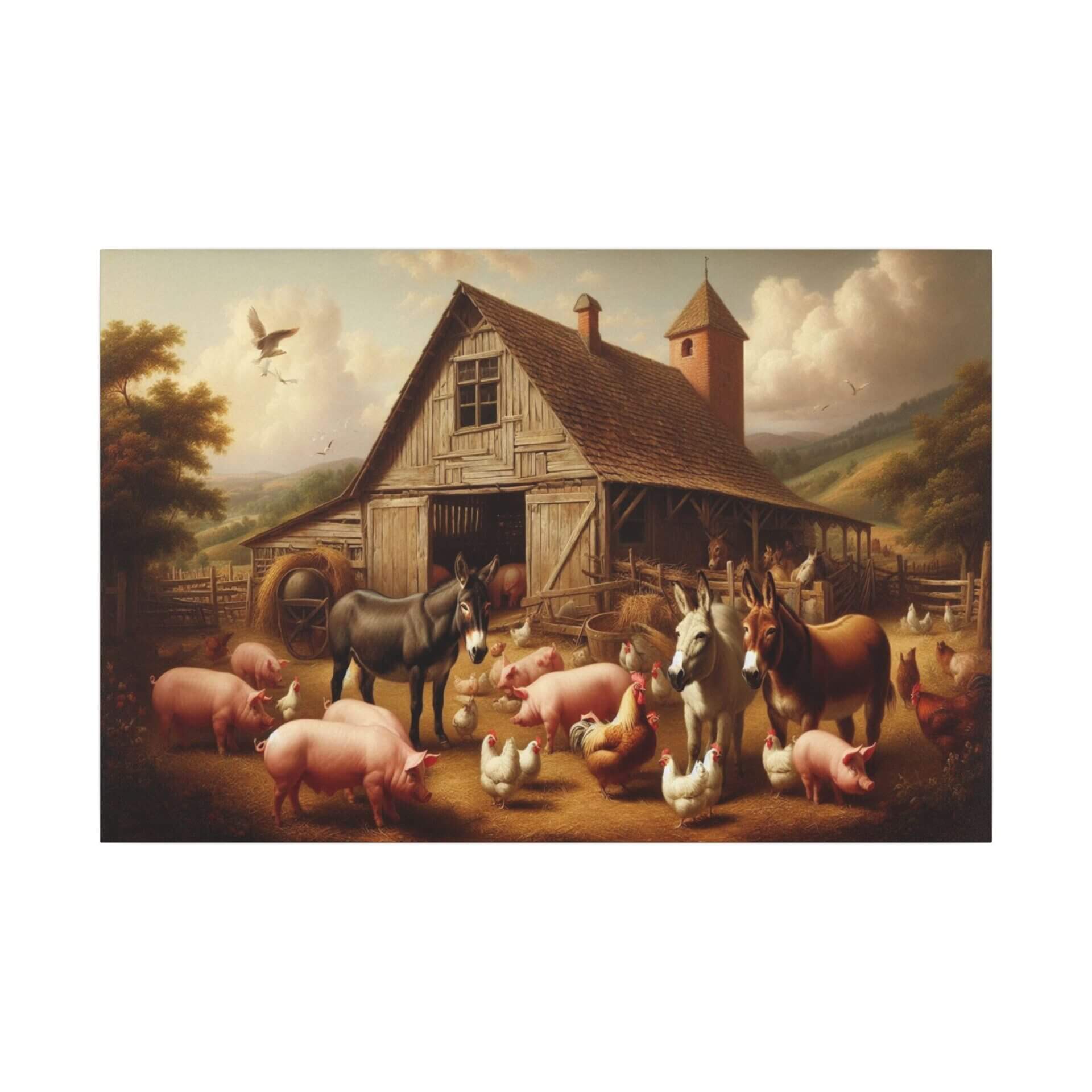 Farm animals in front of rustic barn.