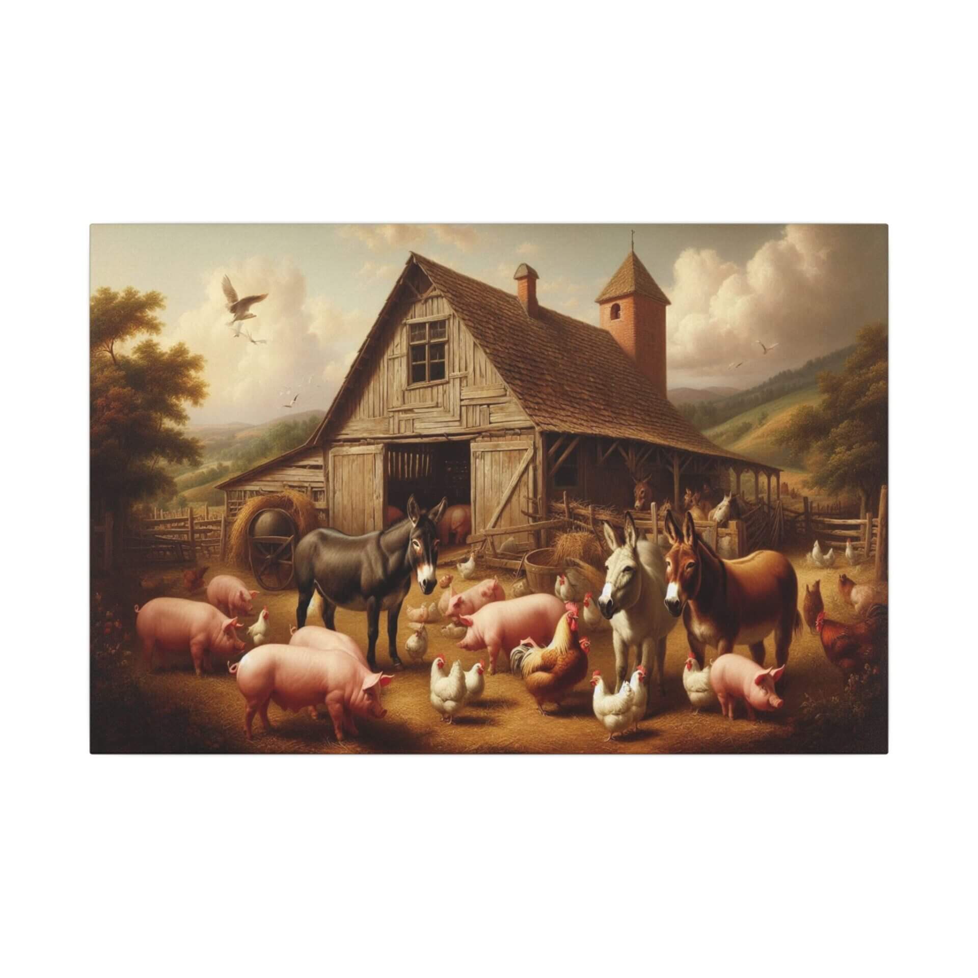 Farm animals gathered near rustic barn.
