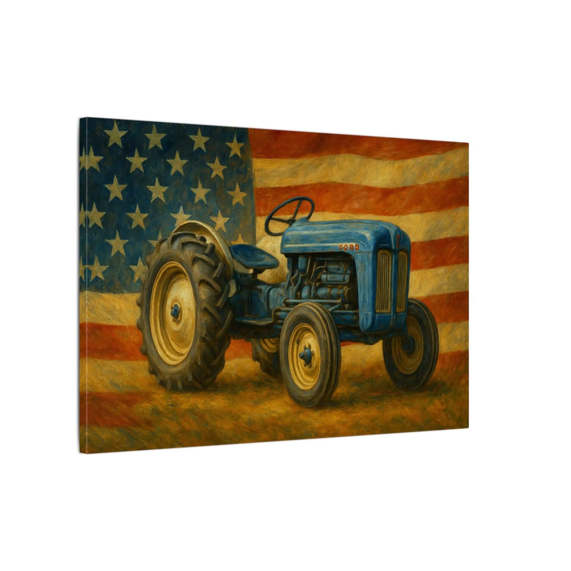 Blue tractor with American flag background.