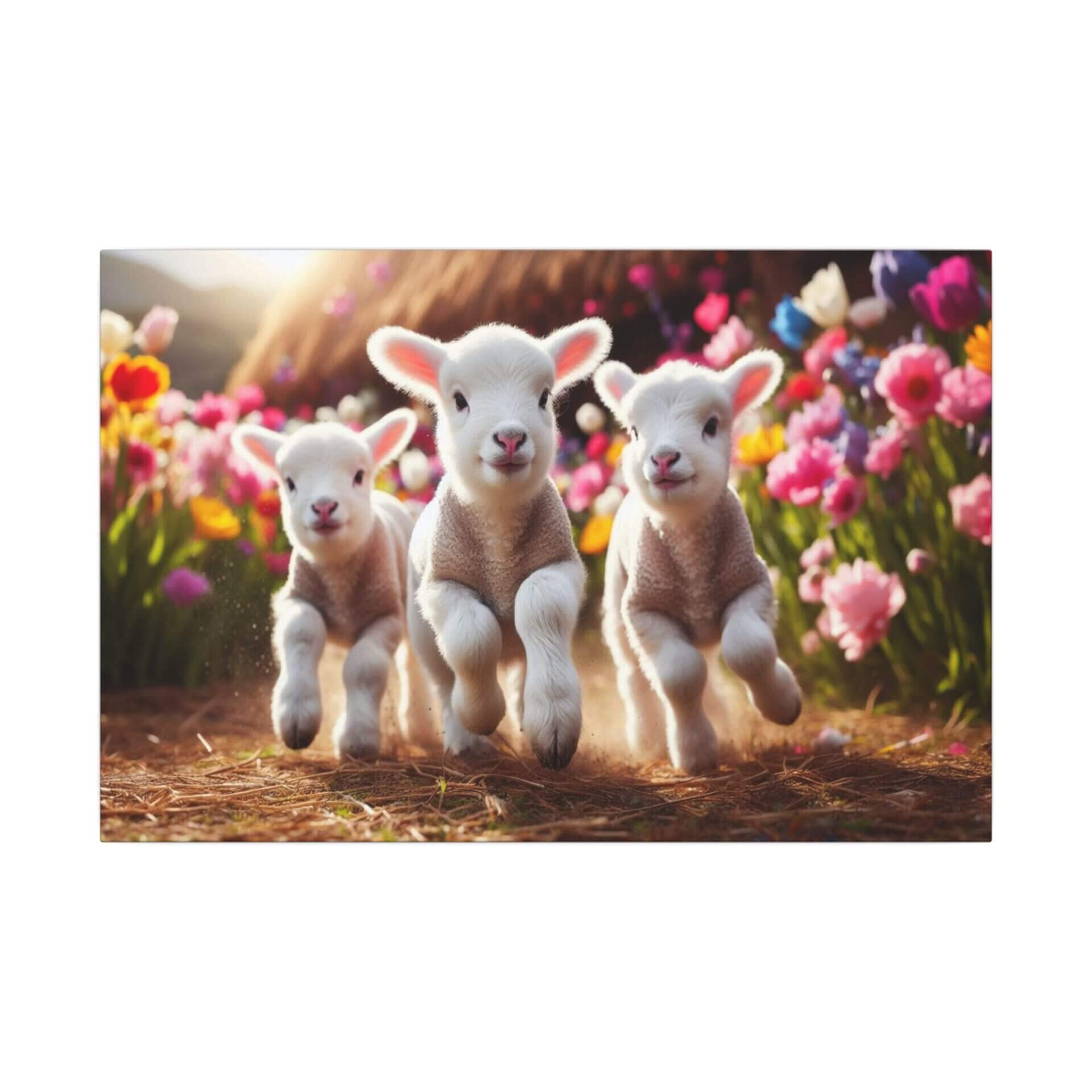 Three lambs frolicking among colorful flowers.