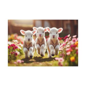 Three lambs running through colorful flowers.