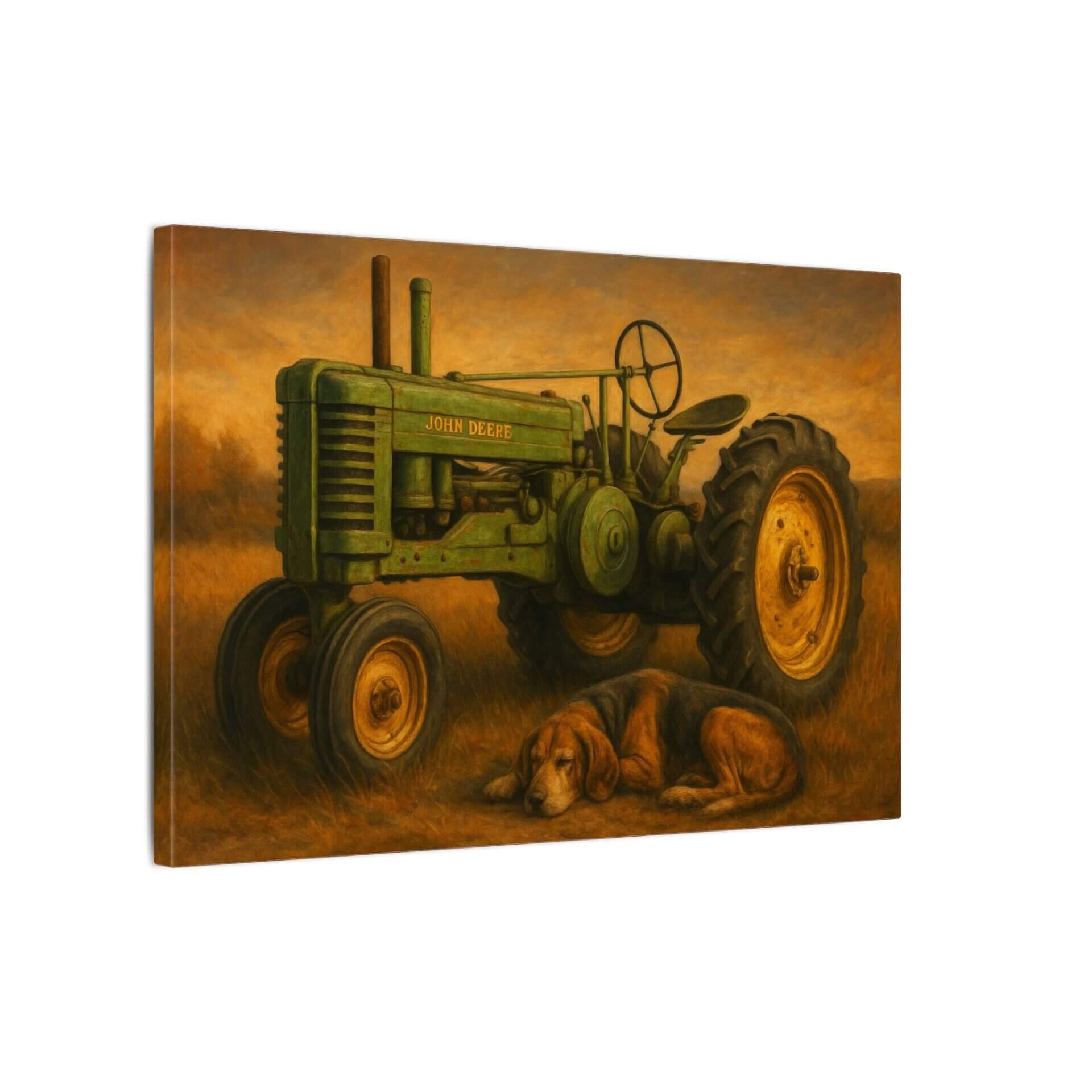 Green tractor and dog resting together.