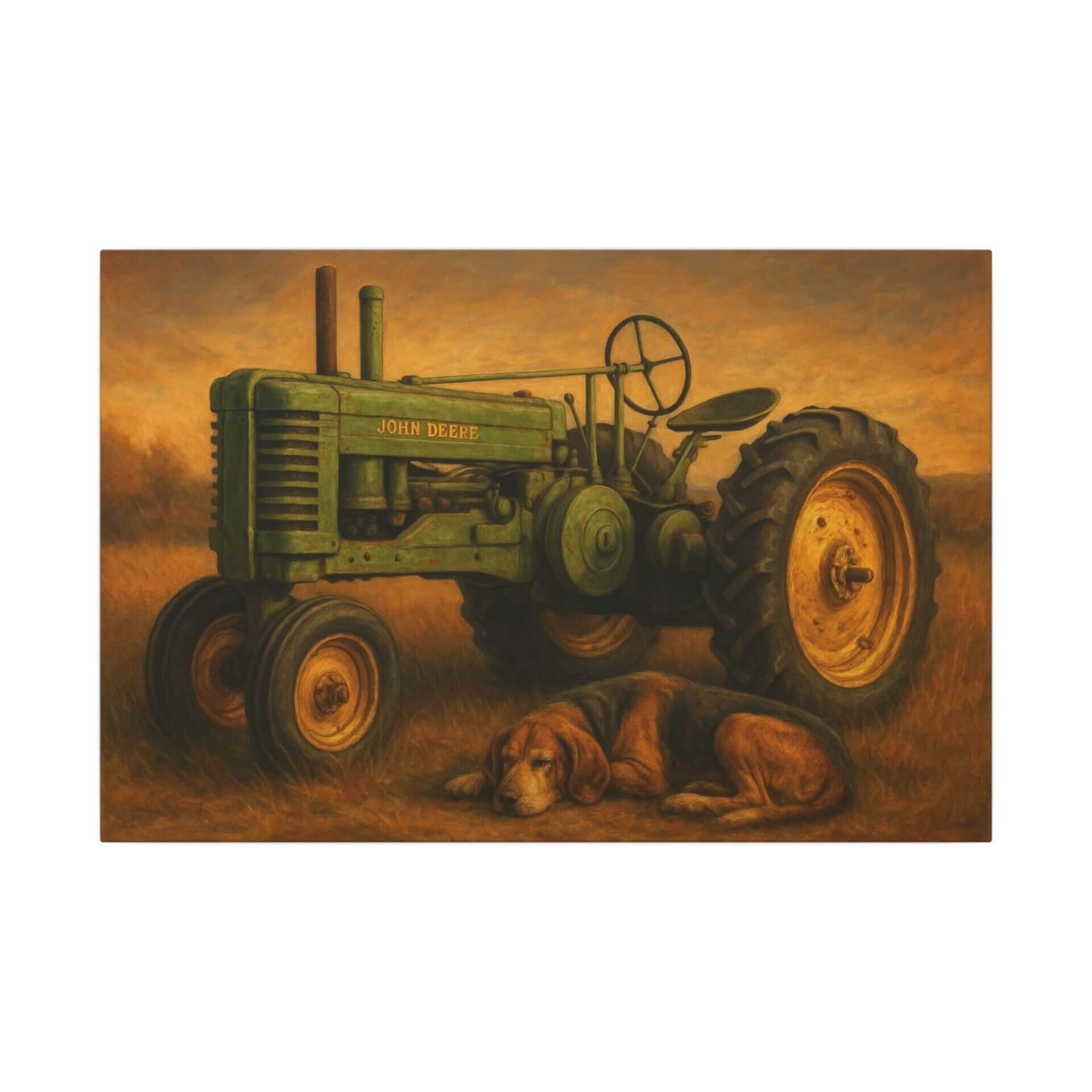 Dog resting beside vintage green tractor.