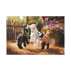Three playful goats jumping on hay.