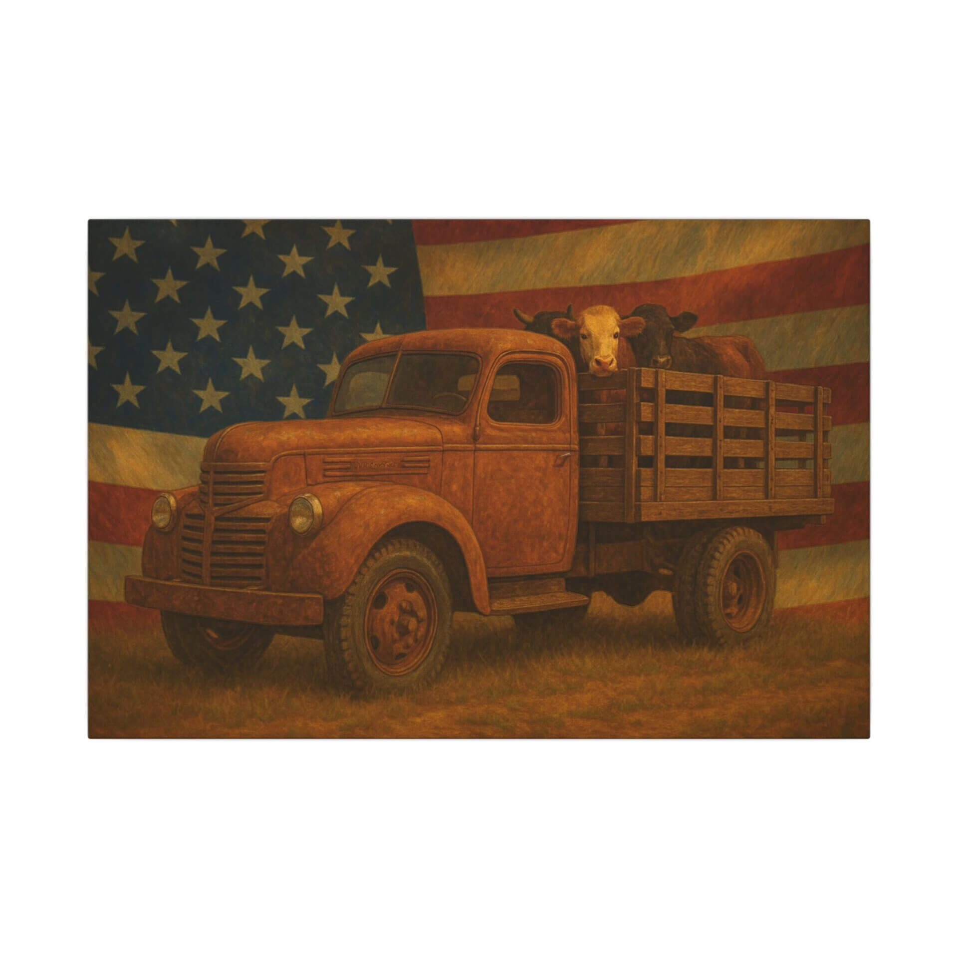 Vintage truck with cattle, American flag background.