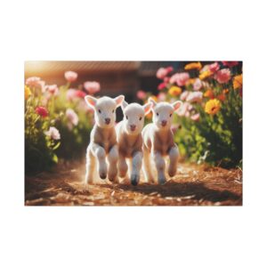 Three lambs running through a flower garden.